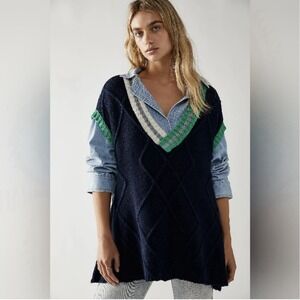 Free People Kenzie Mini Dress Sweater Vest Argyle Knit Chunky Preppy Oversized